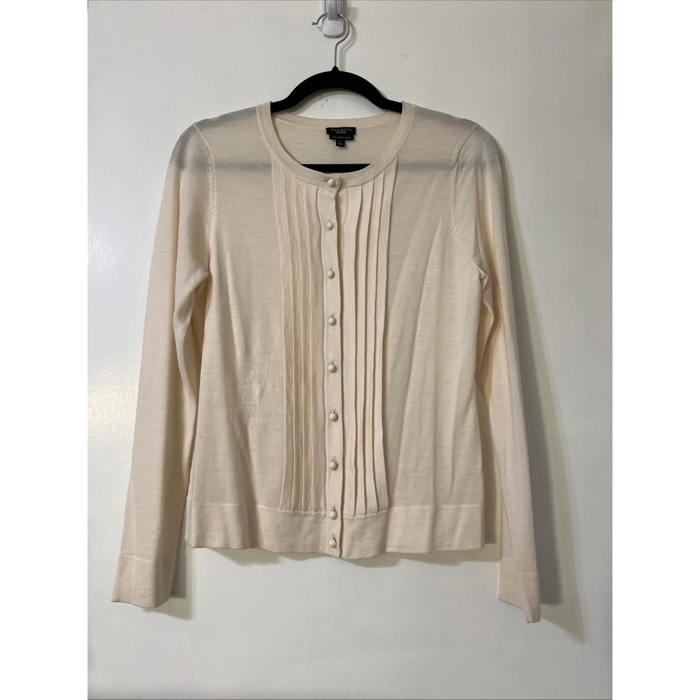 TALBOTS Cream‎ Ivory Button Up Merino Wool Cardigan Sweater Small